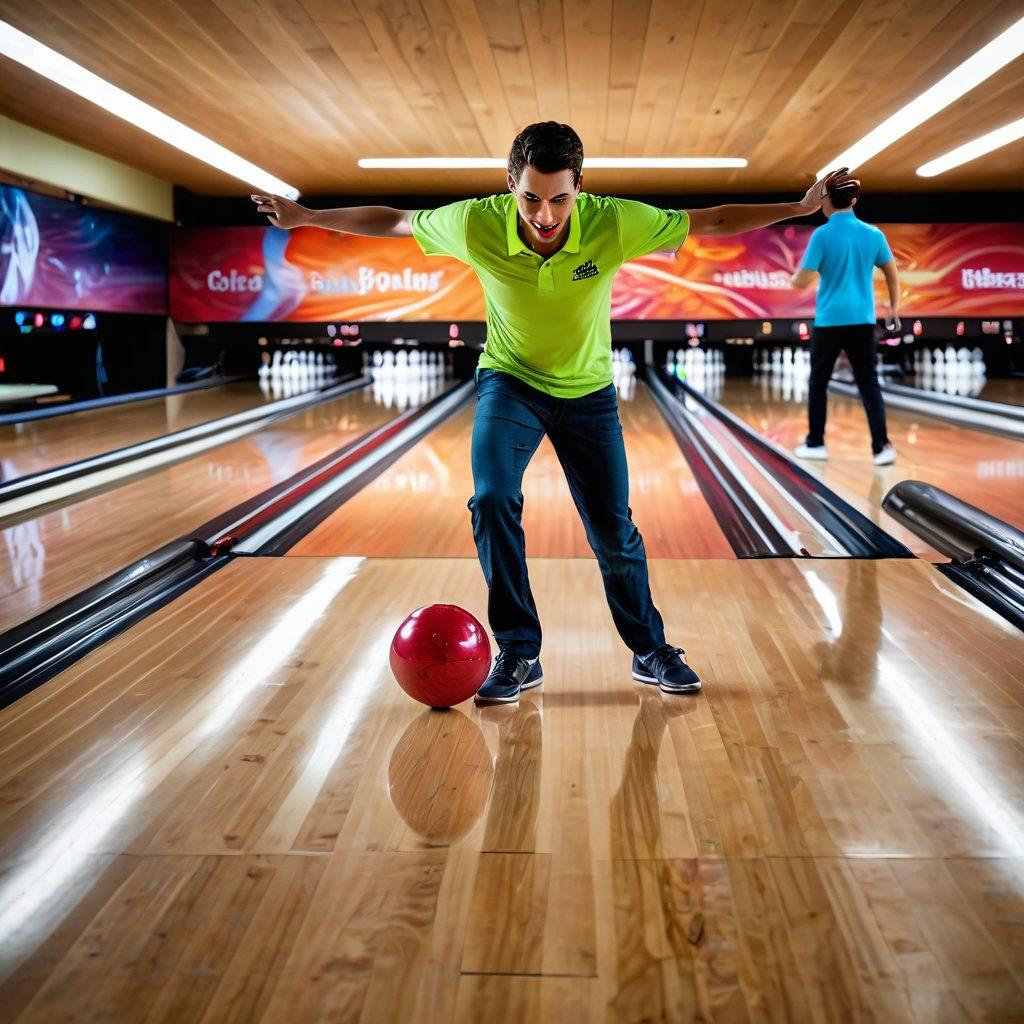 A dynamic scene of a skilled bowler mid-delivery, with a colorful bowling ball swirling toward the pins, set in a vibrant bowling alley filled with cheering teammates. The image captures the energy and focus of the sport, with glowing lights and reflections on the polished wooden floor, surrounded by motivational phrases in the background to inspire bowlers. super-realistic. vibrant colors. action-packed.